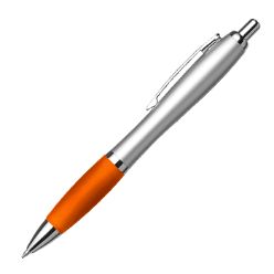Silver barrel curved design ballpoint pen with coloured grip