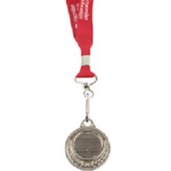 Silver medal with screen printed ribbon includes dome on medal and one colour branding on the ribbon, medal is made of metal