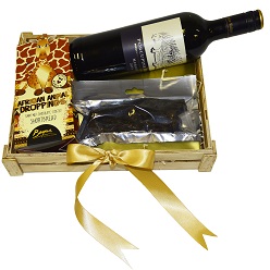 Biltong hamper includes red wine, African droppings, 100g biltong in a wooden box