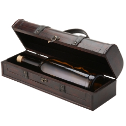 Single wooden wine carry case: Holds standard single wine bottle, metal clasp closure, black felt interior lining, carry handle, antique design