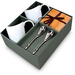 Coffee Set including 2 coffee mugs, 2 Wood coasters, and 2 silver spoons, neatly displayed in a presentation box