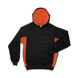 Hood lined with mesh in contrast colour, mesh insert panels under arms and side seams, cotton rib, front kangaroo pockets, raglan sleeve, ribbed cuff and hem, locally manufactured, weight 240gsm, Brushed cotton fleece, polyester mesh
