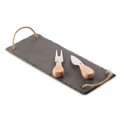 Slate cheeseboard with cheese knife and a cheese fork packed in a gift box