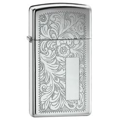 Slim chrome zippo lighter with venetian imprint