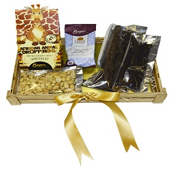 Small biltong hamper includes 100g biltong sticks, spiced nuts, African droppings, 40g yotti nuggets in a wooden box