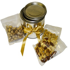 Small tin hamper includes 3 x 50g nuts packed in a small tin 