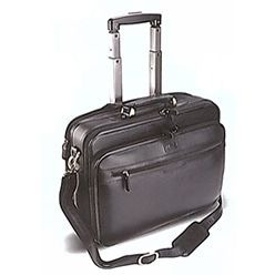 Genuine Leather with Multiple Pockets, Shoulder sling, padded compartment, padded carry handles, lockable zip pullers, matt black fittings, luggage label, fold-away telescopic handles with solid wheels and reinforced piping, including front compartment organiser