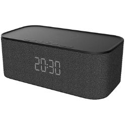 Bluetooth speaker with wireless charger at the top, Digital clock display Functions: Clock, alarm, microphone, Aux, USB Charging supported