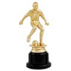 Soccer trophy with soccer player on top of a black stand in a gold colour