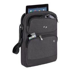 Material: Polyester, Padded compartment protects tablets up to 11 inch, Front zippered pocket, Front zip-down organizer section, Adjustable shoulder strap, 1 Year warranty