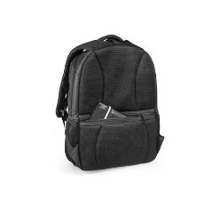 Main zippered compartment . Holds 15.6 inch laptop. Front zippered compartment with organisation panel. Dual mesh side slots. Hidden back zippered pocket for additional travel safety. Padded back panel for extra comfort. Adjustable chest strap. Adjustable padded shoulder straps. Padded top carry handle. Additional grab handle. Metal branding plaque.