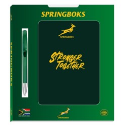 The Springboks Gift Sethas a customisable packaging that can be branded with your company logo and has the green and gold notebook and other accessories included.