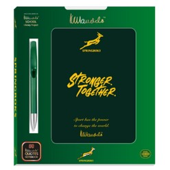 The Springboks Mandela Gift Sethas a customisable packaging that can be branded with your company logo and has the green and gold notebook and other accessories included.