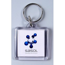 A Square sonic welded key ring that is available in various colours that can be customised with Pad printing with your logo and other methods.