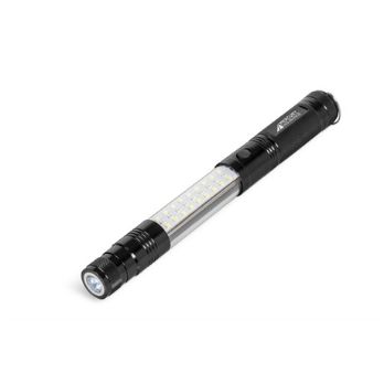 aluminum white LED torch 3 mode COB sidelight white, red & red flashing light magnetic base allows torch to be attached to metallic surfaces telescopic pick-up tool extends to 40cm 3 x LR44 batteries included STAC presentation box