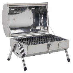 Stainless Steel mini Braai with chrome plated briquette grates with stained wood handle, 2 stainless steel 21cm x 32cm grilling sections, clasp locking lid, vent holes and tube legs with end caps