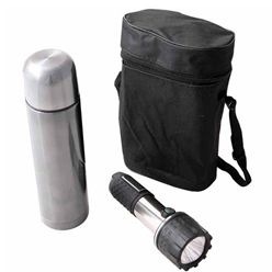 Smoke stainless steel vacuum flask (800ml) and torch (20cm) in nylon bag (batteries not included)
