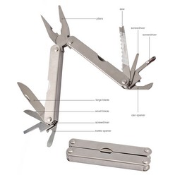 Stainless steel 9-in-1 folding multi function tool, pilers, blade, screwdriver, bottle opener, saw