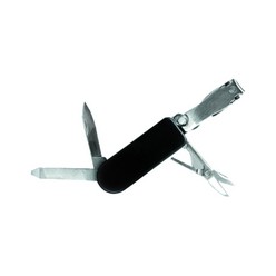 Stainless steel and black 4-in-1 pocket knife with nail clipper