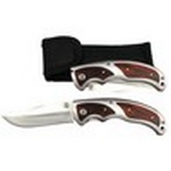 Stainless steel and wood folding knife with belt clip in pouch