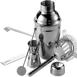 The Stainless steel cocktail set, is a set of utensils that consist of a jar used to hold liquid substance of about 350ml, a tong for picking up ice cubes, a stirrer used for stirring up or mixing together substances in the jar, a flat spoon for adding ingredients a small cup to measure ingredients and a stainless cork to cover the jar. This set goes in a packaged box as a gift to a friend. 