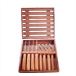 8 Piece stainless steel and wood steak knife and fork set in crate
