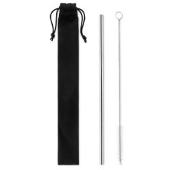 One reusable stainless steel straw with steel nylon cleaning brush that comes in a microfiber pouch