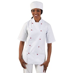 Top KOOLTRON polycotton, Mandarin chef collar, Plastic chef buttons are customizable-black, red and white, available on request Button code: BCH