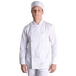 Top KOOLTRON polycotton, Front layer fold can be reversed to adjust buttoning left over right or right over left, Plastic chef buttons are customizable