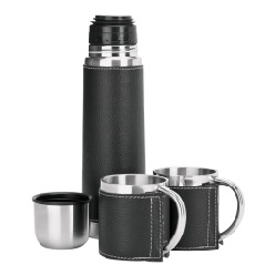 Stainless steel Flask set with Lichee finish consisting of stainless steel flask with 500ml capacity and two 200ml stainless steel mugs, all covered with black Lichee with white stitching in black zip case