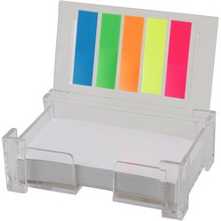 Includes paper. Can hold over 50 business cards. 5 assorted sticky memos