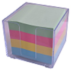 Sticky memo paper holder in a transparent paper holder includes blue, yellow, pink and green sticky memos