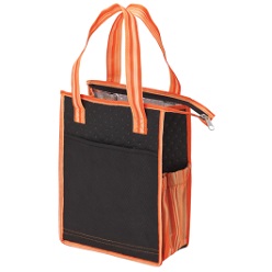 Non-woven, recyclable, black polypropylene Striped Lunch Sack cooler with contrast binding, zippered, fully insulated main compartment with foil lining, side pocket, front pocket and carry handles