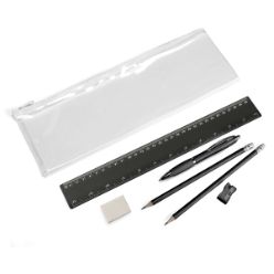 Stationery set consists of a clear pencil case a ruler a sharpener a eraser 2 standard grey lead pencils  a ballpoint pen
