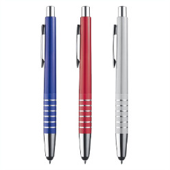 Plastic pen with a metal tip and clip. Features a touchpad tip
