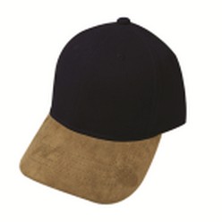 Suede peak cap, 4 needle stitch twill sweatband, embroided self colour eyelets, pre-curved suede peak, self covered velcro strap