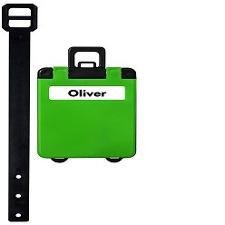 A Suitcase luggage tag that is available in various colours that can be customised with Pad printing with your logo and other methods.