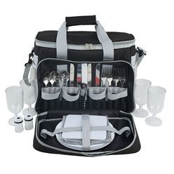 4 Person black and white 600D polyester Picnic Shoulder Bag, includes plates, knives, forks, spoons, glasses, napkins, cheese board and knife, salt & pepper set, waiters friend, also has a cooler bag compartment, carry handles and adjustable shoulder strap, side mesh pockets
