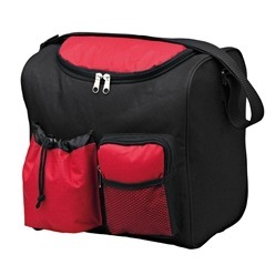 Cooler bag made from 600D fabric with PVC lining, Adjustable shoulder strap, mesh pouch with zip and a drawstring with toggle.