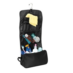 Toiletry bag made from Micro Fibre with zip pocket, Velcro closure, hanging hook, carry handle, mesh zip pocket and metal plaque.