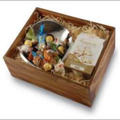 Re-useable wooden box, large shell bowl, 1 box nougabella nougat, 8 Ferrero Rocher chocolatesm15 truffles.