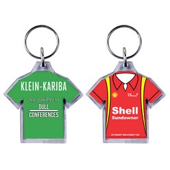 A T-Shirt Shape Key Ring that is available in various colours that can be customised with pad printing with your logo and other methods.