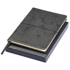 A5 journal with elastic closure. Thermo PU with embossed pattern and matching gift box. 160 cream coloured lined pages.
