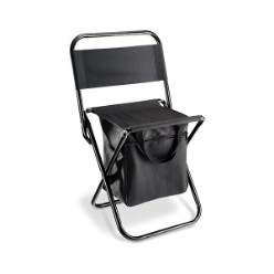 Folding chair with carry handles, storage bag under chair with zip closure.