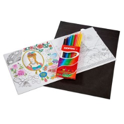 25cm x 25cm colouring book with 12 pages of illustrations and patterns, Includes a set of 12 high quality colour pencils for smooth and effortless colouring, Packaged in a black carry bag