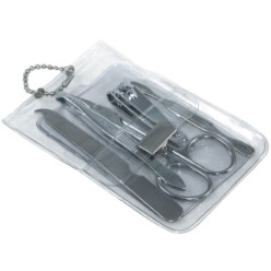 Manicure set in a PVC transparent pouch. Contents include: Tweezers, nail file, nail clipper, pusher and scissors, PVC pouch