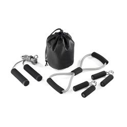 Pouch with hand grips, bow tie resistance band, skipping rope