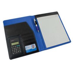 Leatherette material with name card/business card placeholder, note/documents placeholder with calculator and pen holder