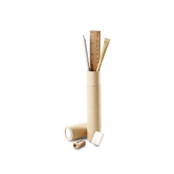 Recycled cardboard,, pen, newspaper pencil, bamboo ruler, wooden sharpener, eraser