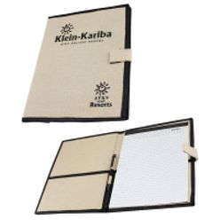 Juco material printed with eco friendly inks with clip closure includes notepad and pens